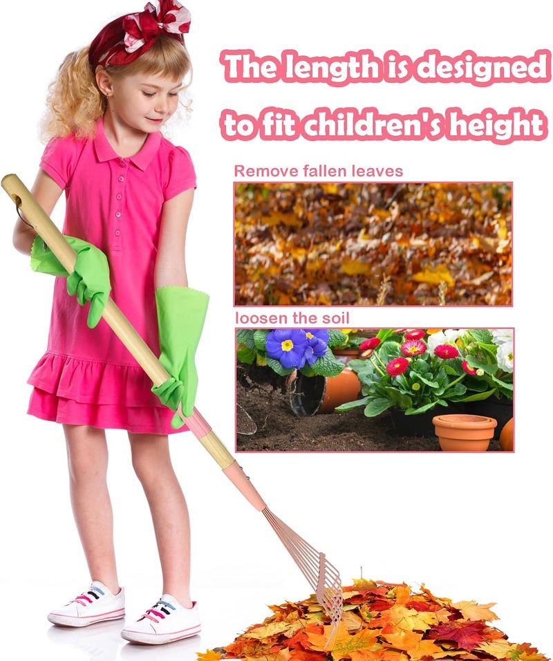 Xifando Kids Leaf Rake-Small Wooden Handle Leaf Rake with Metal Tines, 27inches /69cm Length, for Kids Enjoy Garden Cleaning Activities (Pink) - Image 1